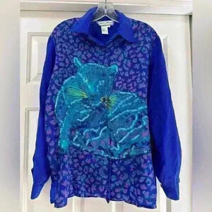 Diane Gilman Blue Silk Sequin Tiger
Long Sleeve Button Down Blouse Size Small